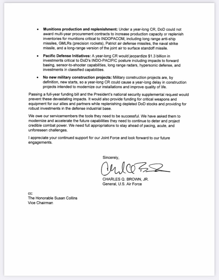 Flew under the radar, but Joint Chiefs Chair Gen. CQ Brown wrote appropriators yesterday warning about a yearlong CR.

Some impacts he highlighted:
-$5.8B personnel shortfall
-Navy loses an attack sub contract
-DoD can’t enact multi-year missile procurement
-delay nuke programs
