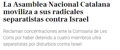 ACOM_es's tweet photo. La Asamblea Nacional Catalana moviliza a sus radicales separatistas contra Israel, de @carloscuestaEM en @libertaddigital 
Los mismos radicales. Los mismos separatistas. Los mismos golpistas. 
Exactamente los mismos en dos áreas de ataque a los derechos plasmados en la Constitución Española a las que sólo une su deseo de desestabilizar España y de tumbar el marco de convivencia y el estado de derecho.
https://t.co/D7gMn25Gg4