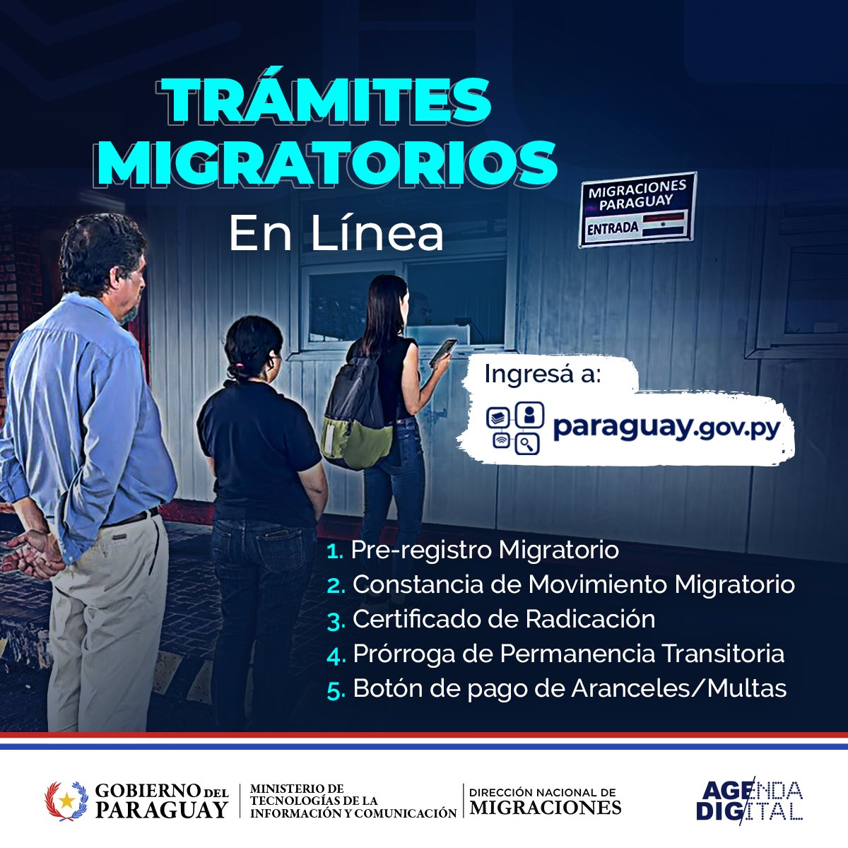 ➡️ | Nuevos trámites en línea

Como parte de los esfuerzos del #GobiernoDelParaguay para digitalizar el 100% de los servicios estatales, el #MITIC y <a href="/MigracionesPY/">Migraciones Paraguay</a> ponen a disposicición de la ciudadanía trámites para realizarlos en línea.

Conocé más en: mitic.gov.py/noticias/prese…