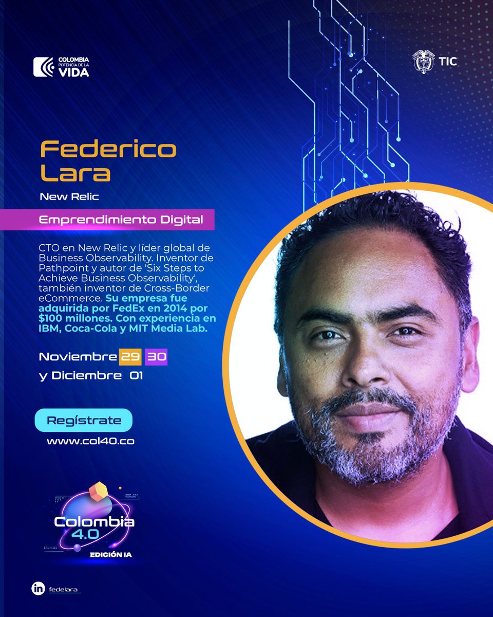 ¡Pasa la tarde en #Col40! 🤩📸

Track de #EmprendimientoDigital.

⏰ 3:00 p. m.
'Aprovechar la observabilidad empresarial impulsada por la IA' con Federico Lara (@fedlara).
⏰ 4:00 p. m.
'Construyendo Mercados con IA - un Marco para el Crecimiento Económico' con Satwik Seshasai.