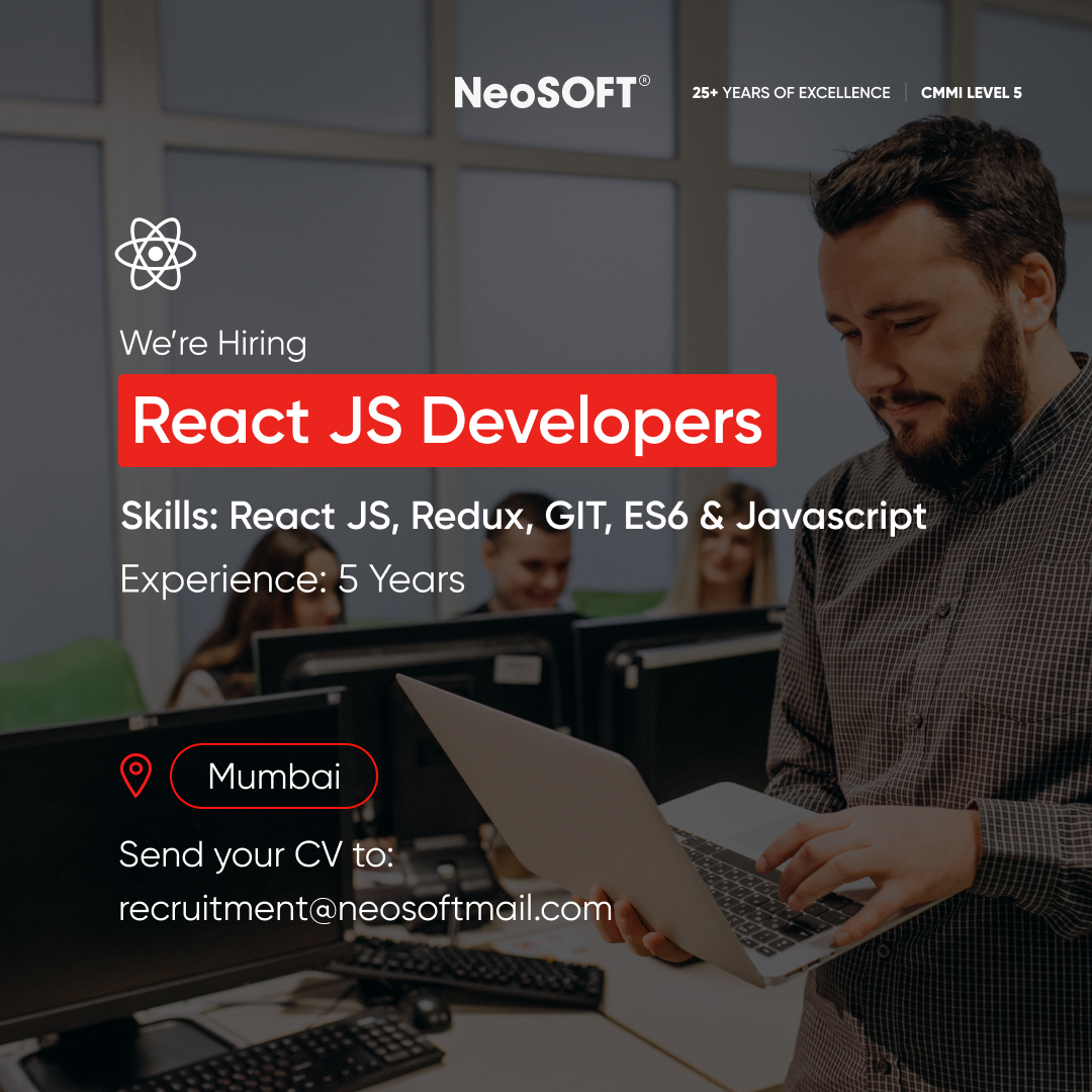 neosoftofficial's tweet image. Join our team! We're hiring experienced #ReactJSDevelopers in Mumbai! If you're skilled in React JS, Redux, GIT, ES6, and Javascript with five years of experience, we want to hear from you! Send your resume to recruitment@neosofttech.com if this piques your interest,