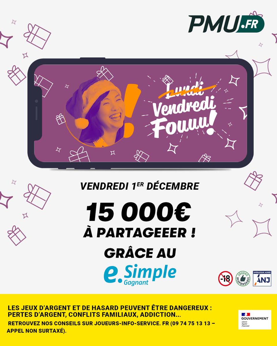 PMU_PLAY's tweet photo. 🤝 Un vendredi Fou e-Simple comme b̶o̶n̶j̶o̶u̶r̶  Gagnant !

Les conditions
👉 https://t.co/eEcWoxGjrn

#PMU #CoursesHippiques #VendrediFou https://t.co/WN40r08rYC