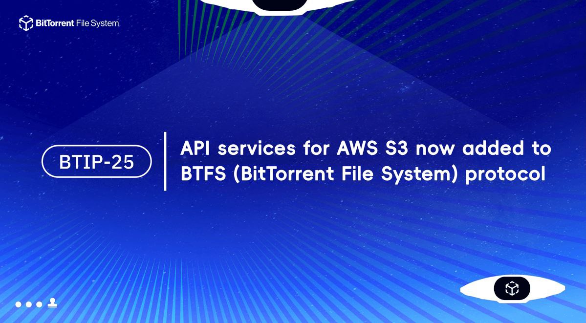 TheBTTCommunity's tweet image. 🌐 Exciting news! BTIP-25 aims to enhance the #BTFS protocol by adding AWS S3 compatible API services. 

Details on [GitHub](github.com/bittorrent/BTI…). 

Join the conversation and contribute your thoughts to shape the future of decentralized storage! #BTIP25 #TechDiscussion #BTT…