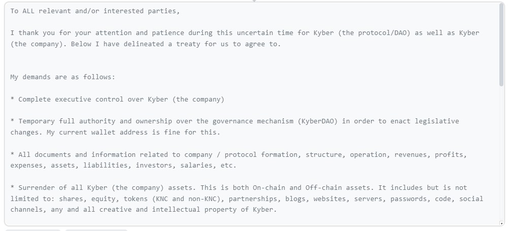 Crypto__Goku's tweet photo. 💬 Le hacker de KyberSwap responsable du vol de 46 millions de dollars exige le contrôle total de la société Kyber.

Il a exigé la remise de tous les actifs de la société Kyber, y compris les actions, les fonds propres, le KyberDAO et tous les documents liés à la société.

En échange, il a promis de dédommager les cadres de l'entreprise à une juste valeur et de leur "souhaiter bonne chance" dans leurs "projets futurs".

Il a également promis de doubler les salaires des employés sous le nouveau régime. Ceux qui ne souhaitaient pas rester recevraient une indemnité de départ de 12 mois.

"J'irai encore plus loin. Sous ma direction, Kyber va subir une transformation complète. Il ne s'agira plus du 7ème DEX le plus populaire, mais d'un tout nouveau projet cryptographique."

Il a expliqué qu'il s'agissait de sa meilleure et unique offre.
