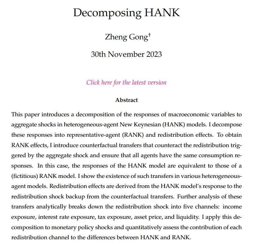 #EconTwitter 
#EconJobMarket 
Hi all, I am on the Econ Job Market this year and thrilled to share my JMP!

My JMP Decomposing HANK provides a new perspective to understand the heterogeneous-agent New Keynesian (HANK) model's response to an aggregate shock.  🧵