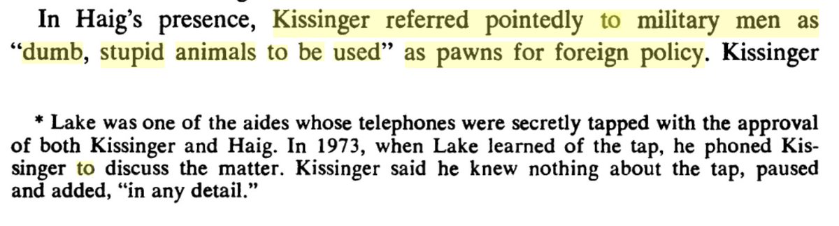 Literally no obituaries for Kissinger have mentioned his belief that US soldiers are 'dumb, stupid animals to be used' as pawns. (This is from 'The Final Days' by Bob Woodward and @carlbernstein.)