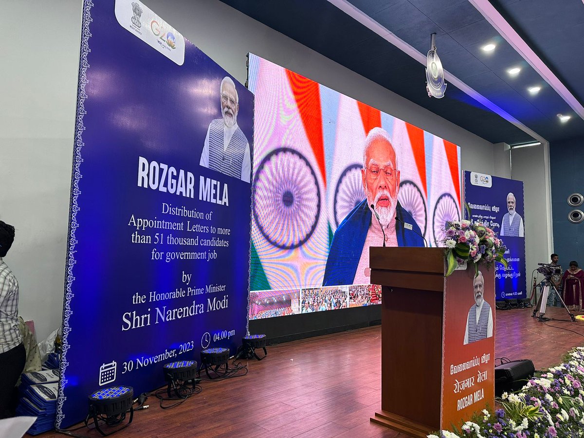 During  the #RozgarMela, Dr. Ram Nivas, Chief Commissioner of CGST and Central Excise, Tamil Nadu &amp; Puducherry Zone and Chennai Customs Zone, and Chief Guest for today, Sh. T. Dhanraj, Chief General Manager, IndianBank, Sh. J.M. Kennedy, Principal Commissioner of CGST #YuvaShakti