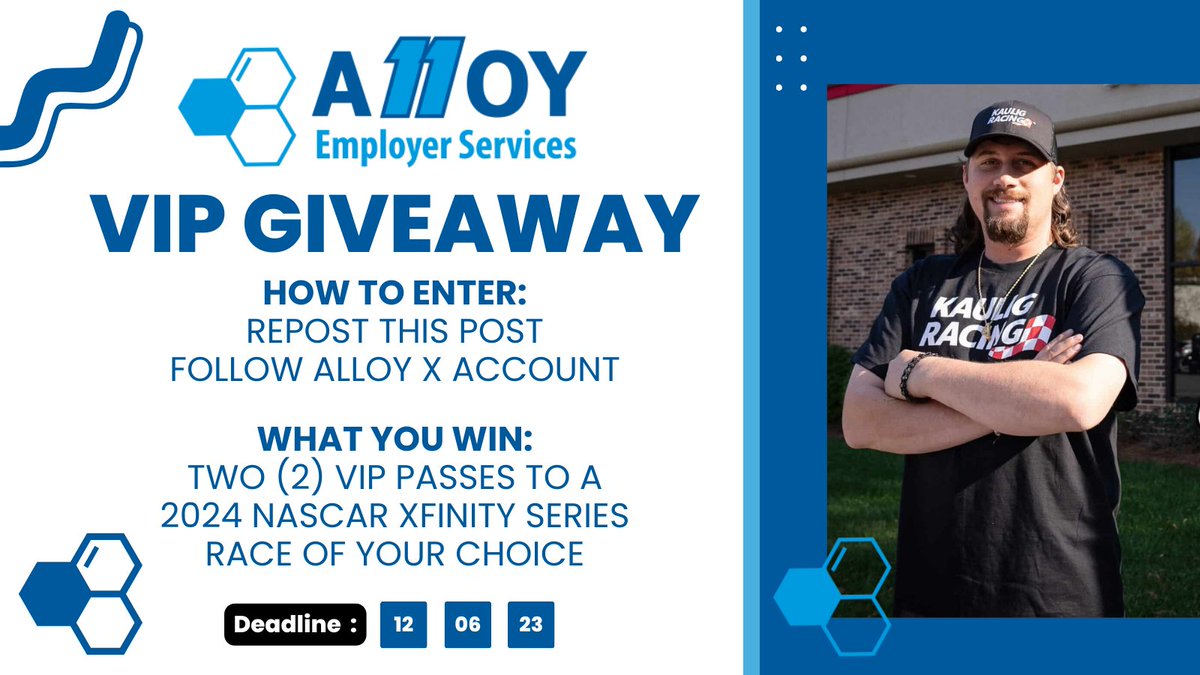 Alloy Employer Services (@alloyemployer) on Twitter photo 🚨 Alloy Racing Giveaway 🚨
We're so excited for @Josh6Williams + <a href="/KauligRacing/">Kaulig Racing</a> in 2024, we want you there too!
You can enter to win two (2) VIP Passes to a 2024 race.
How to Enter:
-🔁This Post (and/or any other giveaway post)
- Follow <a href="/AlloyEmployer/">Alloy Employer Services</a>
#StrongerByDesign 🚨 Alloy Racing Giveaway 🚨
We're so excited for @Josh6Williams + <a href="/KauligRacing/">Kaulig Racing</a> in 2024, we want you there too!
You can enter to win two (2) VIP Passes to a 2024 race.
How to Enter:
-🔁This Post (and/or any other giveaway post)
- Follow <a href="/AlloyEmployer/">Alloy Employer Services</a>
#StrongerByDesign