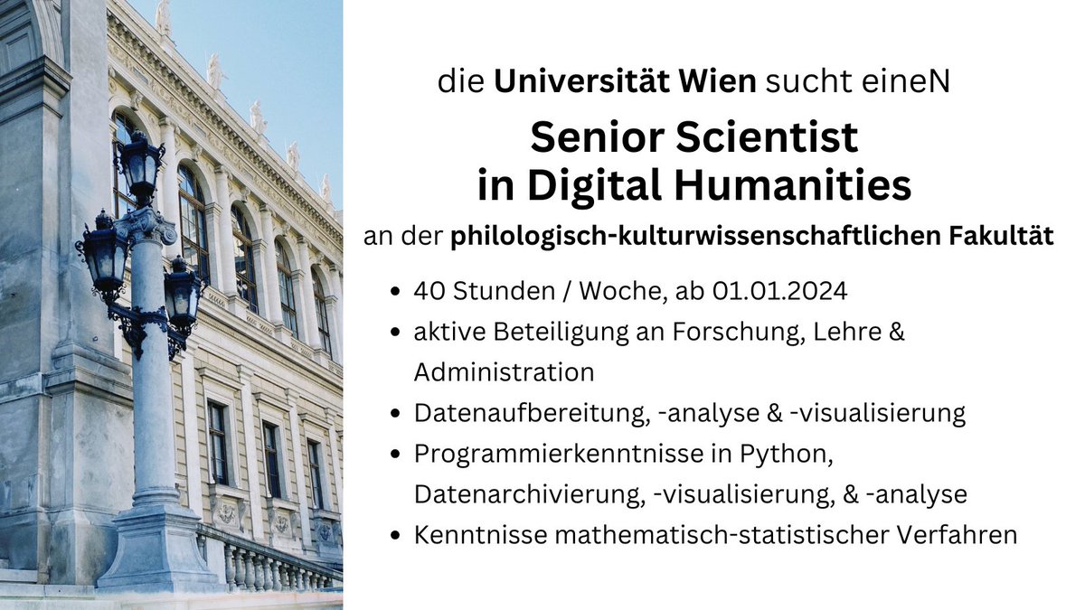 🔔 Stellenangebot
@DH_UniWien sucht eineN Senior Scientist in #DigitalHumanities ab 1.1.24:
► Ausschreibung in DE: 
👉jobs.univie.ac.at/job/Senior-Sci…
► Announcement in EN:
👉jobs.univie.ac.at/job/Senior-Sci…