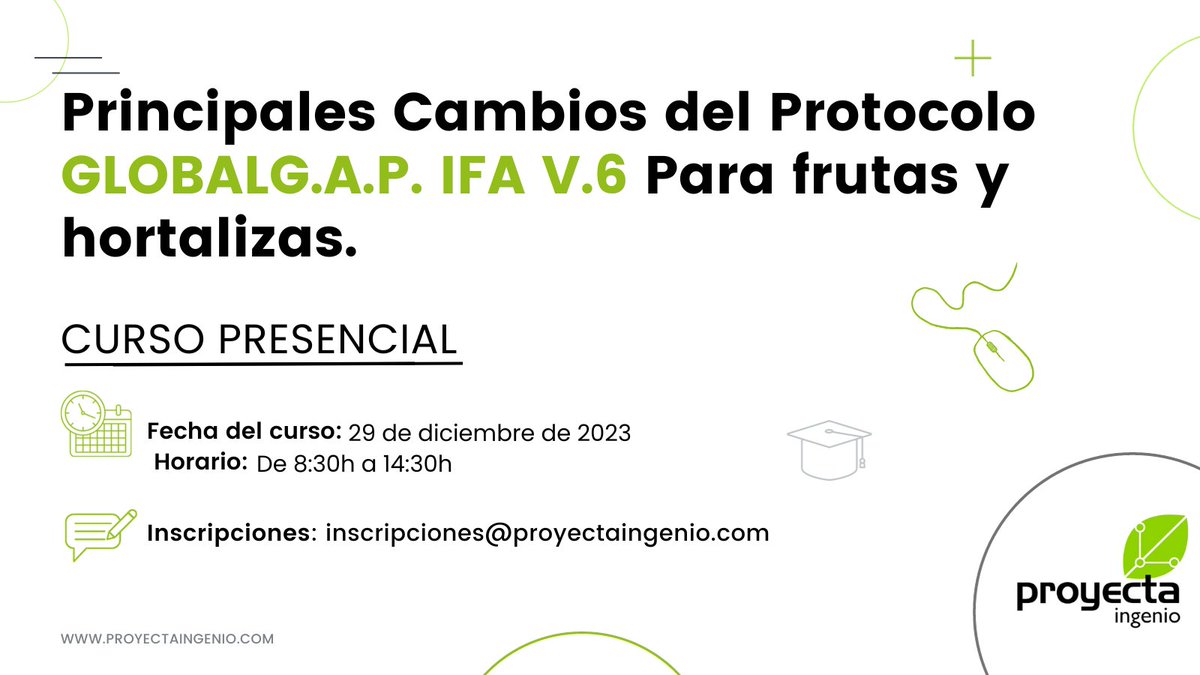 💥NUEVO CURSO💥 Principales Cambios del Protocolo GLOBALG.A.P. IFA V.6 Para frutas y hortalizas. ✅
📅 El próximo 29 de diciembre de 8:30 a 14:30h.
📍Lugar: Edificio Carrida
Más información e inscripción 👇👇👇
acortar.link/9jsSEu
