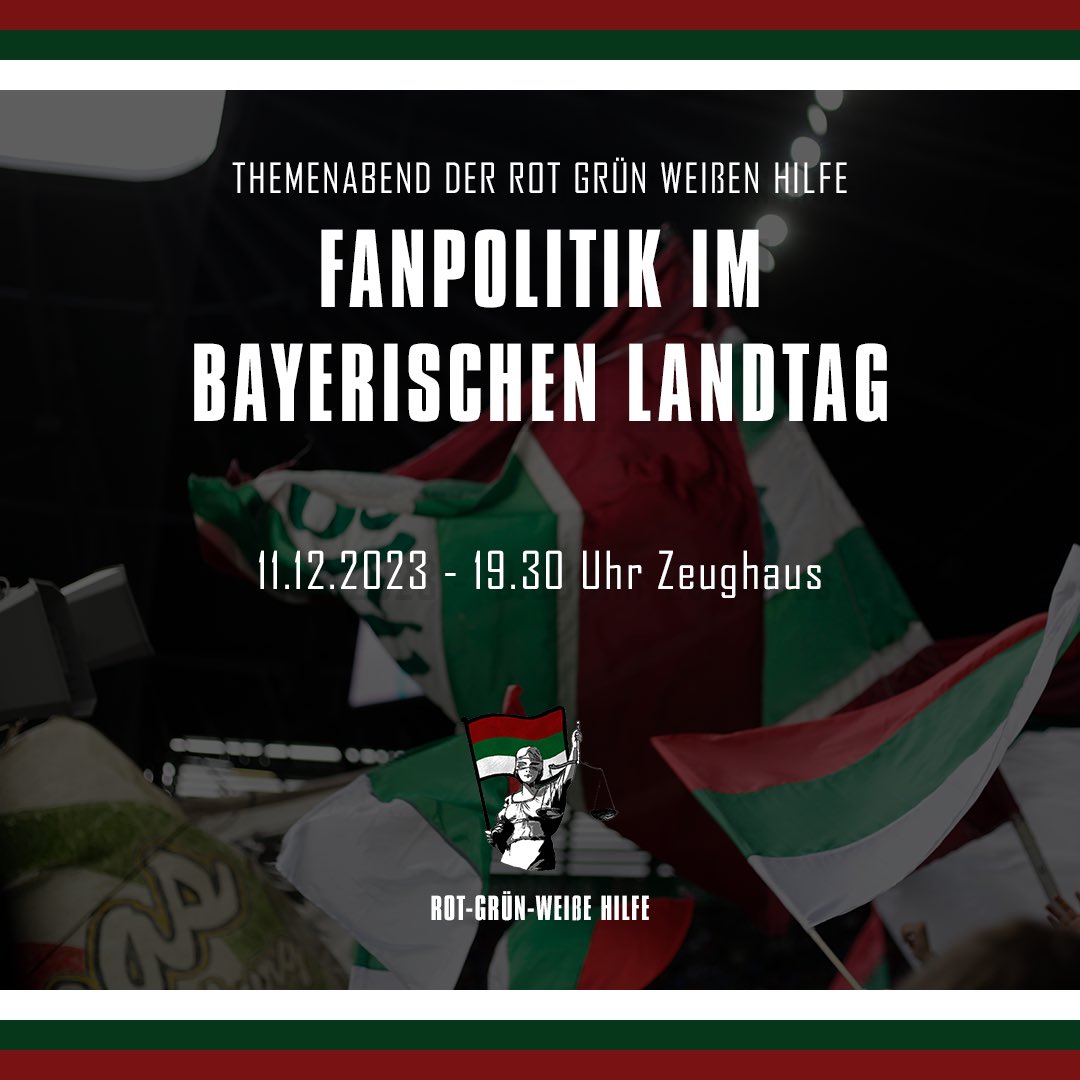 Übernächsten Montag (11.12.) veranstalten wir ab ca. 19:30 einen Themenabend zur „Fanpolitik im bayerischen Landtag“. @MaxDeisenhofer (MdL) wird hier zu Gast sein und über seine parlamentarische Arbeit zu fanrelevanten Themen berichten.

Wir freuen uns auf Euer Kommen!