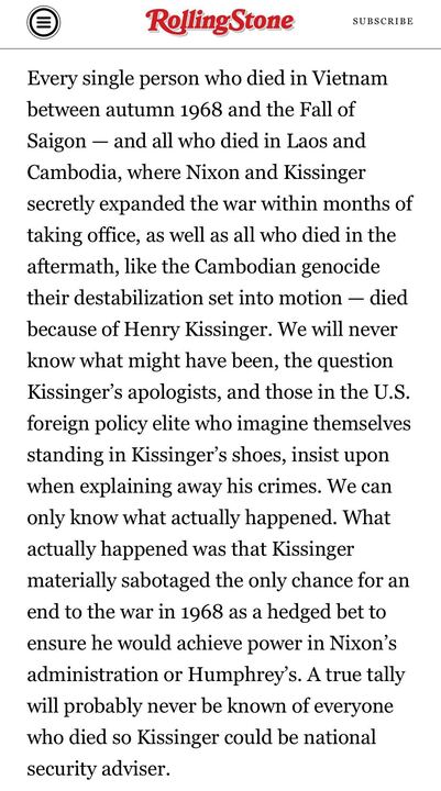 RollingStone's tweet photo. Henry Kissinger died on Wednesday. The notorious war criminal was 100.

🔗 https://t.co/OlhATbZOFL https://t.co/xp0NBxIX1X