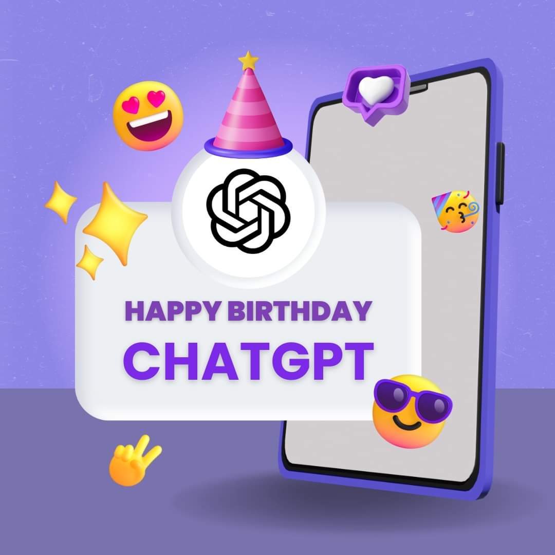AIHomesio's tweet photo. ๐๐ Happy birthday ChatGPT! ๐ #ChatGPTTurnsOne
Time will certainly pass! It's been a year since ChatGPT, the brainchild of OpenAI, exploded on November 30, 2022. #OneYearOfInnovation #OnThisDay #TechRevolution #AIChangeMakers #FastestGrowingApp #100MUsers #AIForEveryone ๐๐พ https://t.co/WqCNAyvcu6