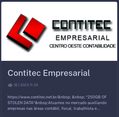 FalconFeedsio's tweet photo. Knight #ransomware group has added Contitec Empresarial (https://t.co/PCbkKcKehi) to their victim list.

#Brazil
#knight #darkweb #databreach #cyberatack https://t.co/W20NeZpjZo