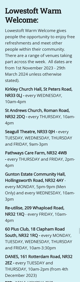Warm room facilities in #Lowestoft for those who might need it. Please RT.
lowestofttowncouncil.gov.uk/cost-of-living… #warmrooms #uksnow #coldweather