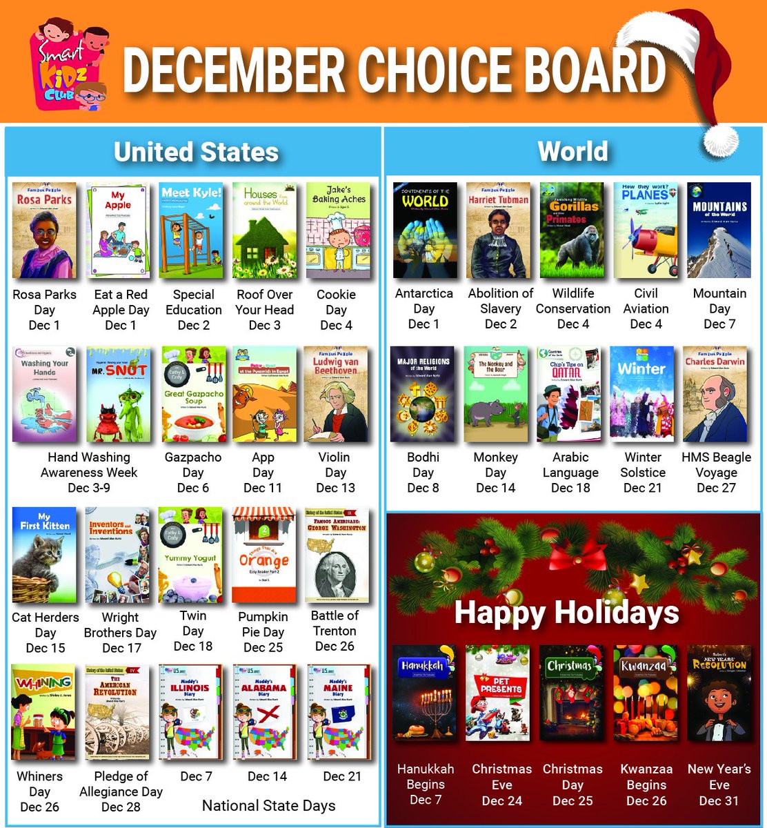 December Choice Board! Our digital educational library consists of a host of freshly written children's books for a diverse and global audience. All books read aloud in a human voice. #bookstoread #kidsbooks #edtech #mobileapp