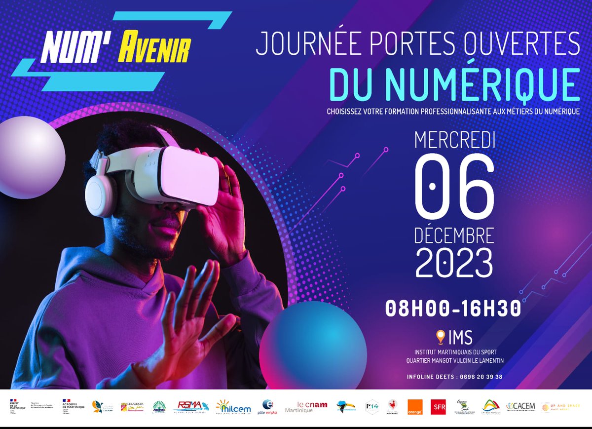 Prefet972's tweet image. La #DEETS organise la 3ème édition de la journée portes ouvertes du #numérique « NUM’Avenir » le 6 décembre à l’IMS au Lamentin.

Vous avez entre 16 et 30 ans, vous êtes lycéens, collégiens, étudiants ou à la recherche d’une reconversion professionnelle ? Venez le 6 décembre !
