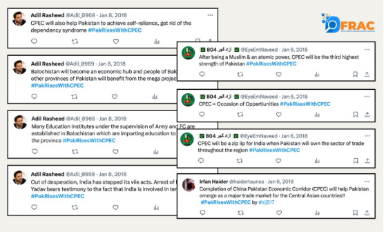 DFRAC_org's tweet photo. Step 5: Spamming Social media with Positives only
2 hashtags, #CPECRevivesBalochistan & #PakRiseswithCPEC, were extensively used by Pak Twitter army in bot-like strategy to promote and trend positive #CPEC content and push away the Gwadar protests.
14/n https://t.co/Ot3c1CP0Ot
