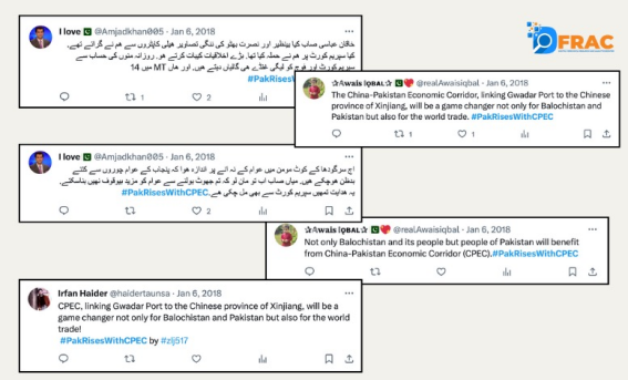 DFRAC_org's tweet photo. Step 5: Spamming Social media with Positives only
2 hashtags, #CPECRevivesBalochistan & #PakRiseswithCPEC, were extensively used by Pak Twitter army in bot-like strategy to promote and trend positive #CPEC content and push away the Gwadar protests.
14/n https://t.co/Ot3c1CP0Ot