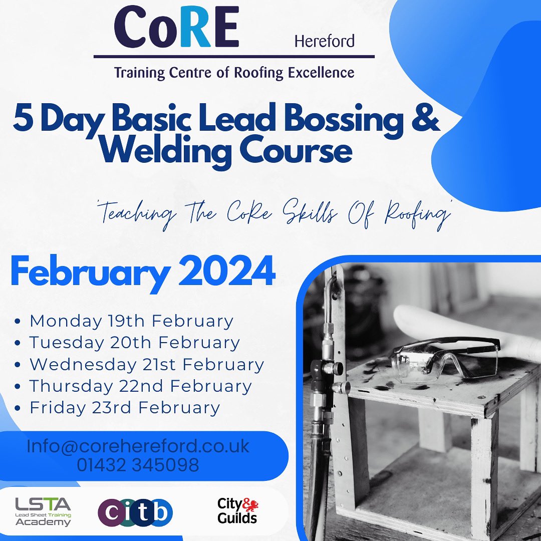Basic Lead Bossing &amp; Welding Course
February 2024 

Get in touch to book a place on the course 
#upskilling #training #lead #leadwelding #leadbossing #core #corehereford #centreofexcellence