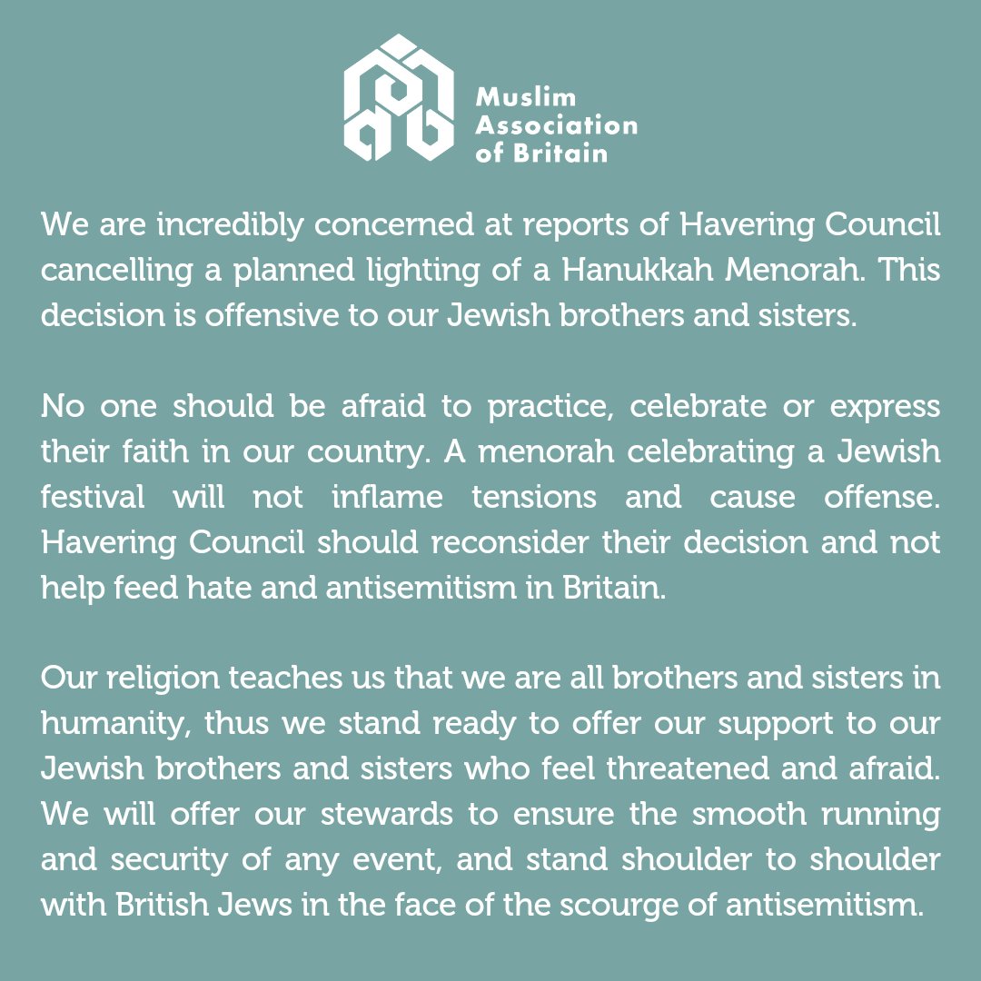 We are incredibly concerned at reports of Havering Council cancelling a planned lighting of a Hanukkah Menorah. 

We stand ready to offer our support to our Jewish brother and sisters who feel threatened and afraid.

Read our full statement below 👇