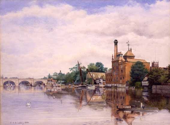 #EYAArt This beautiful painting of Eagle Brewery Wharf in 1910 by Charles A Brindley is currently on show in Kingston Museum as part of the Creative Flow: Kingston, Art and The River exhibition #ExploreYourArchives