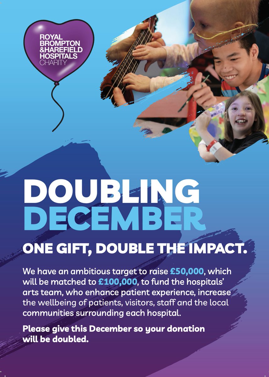 RBHCharity's tweet photo. This December, a generous donor will double any donations made to the charity. Help us raise £50,000, doubled to £100,000, to bring the healing power of art to patients through @rbharts

Click the link to donate : https://t.co/fxhIY9J9P3 🎨💜

#DoublingDecember #Artfulrecovery https://t.co/veTCSvqwwE