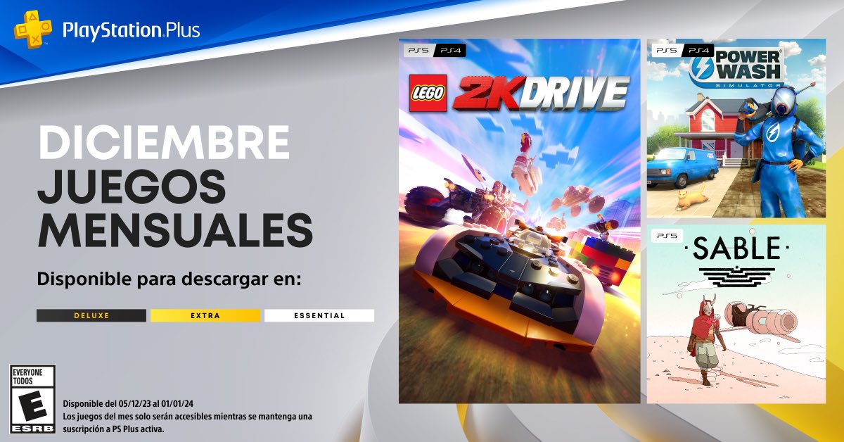 BetaVertiK's tweet photo. Estos son los Juegos mensuales de #PlayStationPlus de diciembre 2023
#Lego2KDrive (PlayStation 4 y PlayStation 5)
#PowerwashSimulator (PlayStation 4 y PlayStation 5)
#Sable (PlayStation 5)
Disponibles del 5 de diciembre 2023 al 1  enero 2024
#Vertik #BetaVertik #PlayStation https://t.co/hqeUadbJG5