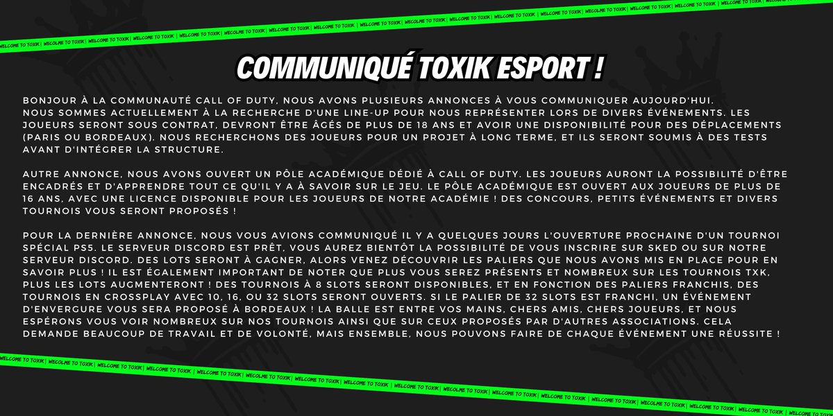 toxik_esport's tweet photo. 📢Communiqué Toxik Esport ❗️
 
#MW3 #eSports https://t.co/igZRpsn7PZ