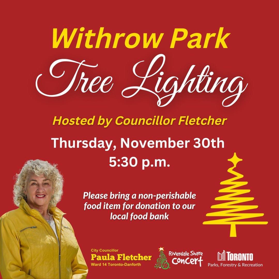 𝐖𝐢𝐭𝐡𝐫𝐨𝐰 𝐏𝐚𝐫𝐤 𝐓𝐫𝐞𝐞 𝐋𝐢𝐠𝐡𝐭𝐢𝐧𝐠 

Tonight is the annual Withrow Park Tree Lighting Ceremony 🎄🎅with Paula Fletcher <a href="/paulafletcher/">Paula</a> 

There will be live performances, a visit from Santa and plenty more festive cheer thanks to our friends from Riverdale Share.