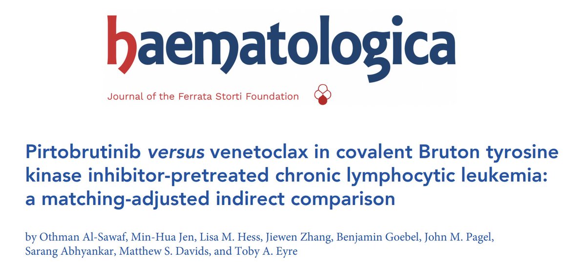 tobyeyre82's tweet photo. Pirtobrutinib or Venetoclax post covalent BTKi in R/R #CLL?

⏩ Check out MAIC of phase II Ven monotherapy vs BRUIN cohorts in @Haematologica early view
 
Both classes of therapy effective options here
#CLL #lymsm  

https://t.co/ey3OXnxWry https://t.co/NUBnDBNQTB