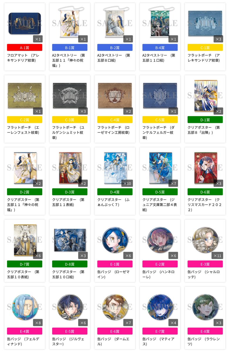 RyanMakise's tweet photo. I won all but A-2 and B-3. Total cost before forwarding is 77,700円, $529.80 USD, for 100 attempts. I hope to obtain B-3 some other way next year. #本好きの下剋上 https://t.co/7ZXuJ5GIcQ