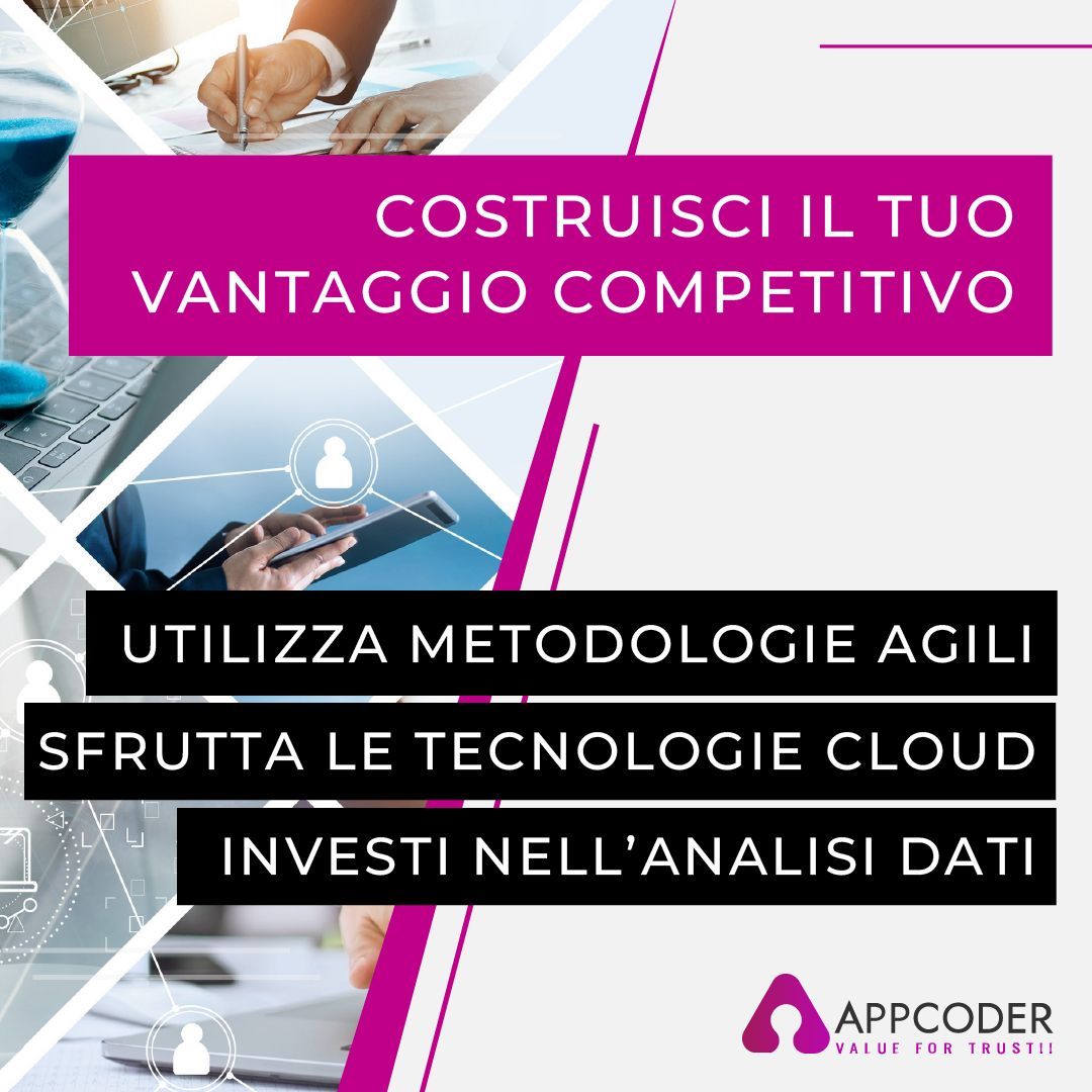 Appcoder_Italia's tweet image. &quot;Resta in testa nella competizione! Scopri come queste strategie IT possono dare al tuo business un vantaggio competitivo

* Abbraccia Metodologie Agili: Permetti un&apos;adattabilità rapida ai cambiamenti di mercato.
* Sfrutta le Tecnologie Cloud: Potenzia scalabilità e flessibilità