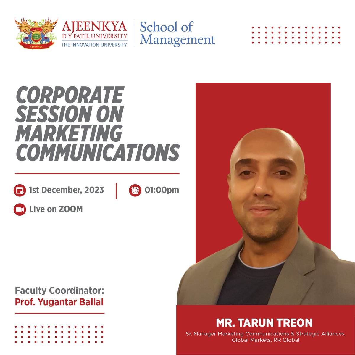 Exciting news! 🌟 Join us for an insightful Marketing Communications session via Zoom with Mr. Tarun Treon, Sr. Manager at RR Global, on Dec 1 at 1:30 pm.
Don't miss this opportunity to gain industry insights!
#ADYPU #Marketing #RRGlobal #IndustryExperts #ManagementSchool