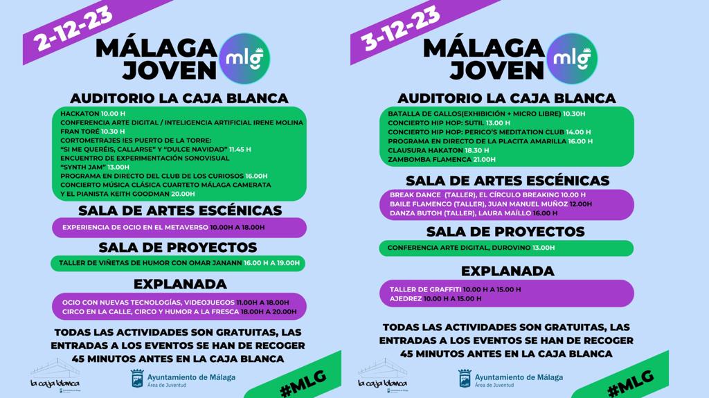 malaga's tweet photo. Este sábado la #CajaBlanca acoge un 'Hackaton', a partir de las 10:00 horas, para promocionar el canal ‘MLG Joven’, además de multitud de eventos enmarcados en el programa ‘Alterna en la Navidad Joven’. Más información👉 https://t.co/YXtu6YEq4Z https://t.co/pdbxy7Odm0