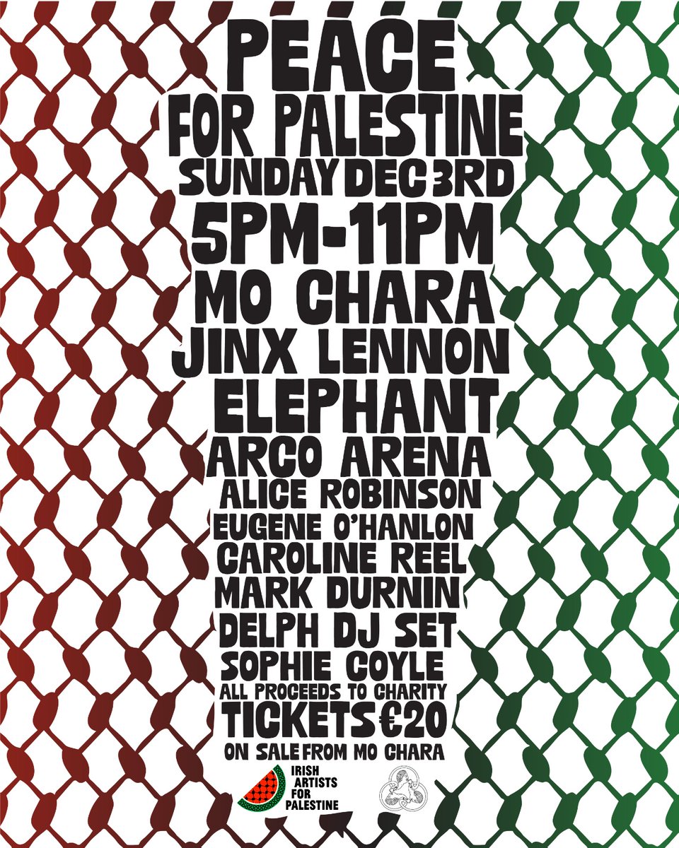 This Sunday @sophiecoylefolk @weareelephants_ @carolinereel9 @MarkDurnin @arcoarena @FREESTATENOVA Alice Robinson,Eugene O Hanlon,Delph DJ set all proceeds @Art4Palestine