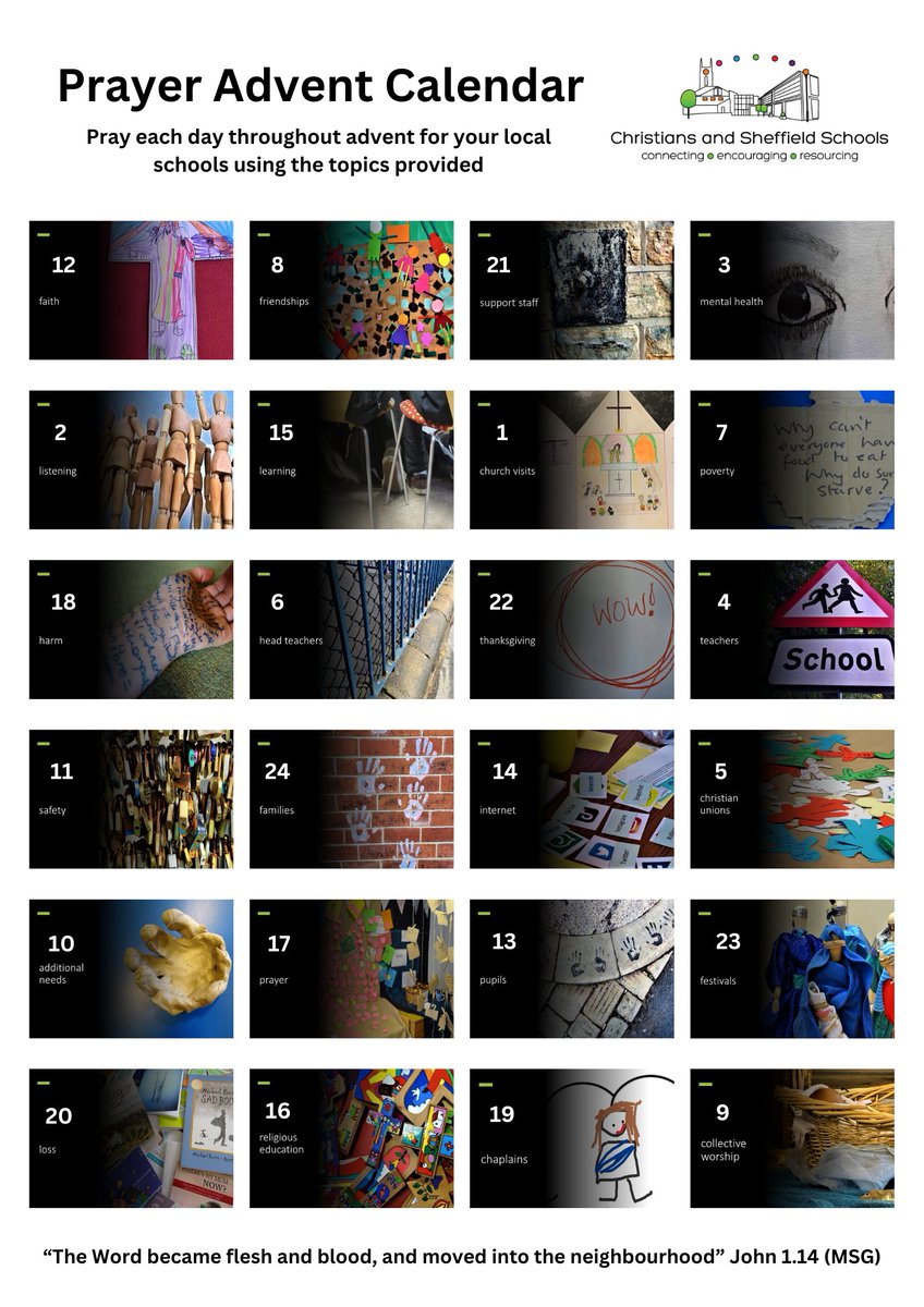 ChristiansSheff's tweet image. Please join us this advent by praying for your local schools during December using our Prayer Advent Calendar. There's a different schools related topic to pray for each day, including: mental health, poverty, loss, additional needs, harm and more: cass-su.org.uk/christmas
