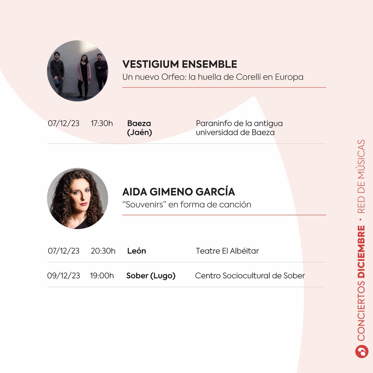 jmspain_'s tweet photo. Disponible la programación de #Diciembre de #RedDeMúsicas! ✨

Conciertos de Vestigium Ensemble, Aida Gimeno, Gonzalo Peñalosa, Joan Miquel Fiol, Synthèse Quartet 🎶

👨🏻‍💻👩🏼‍💻También podéis consultar la programación en nuestra web

#juventudesmusicales #jmspain https://t.co/YfDna2kL8G