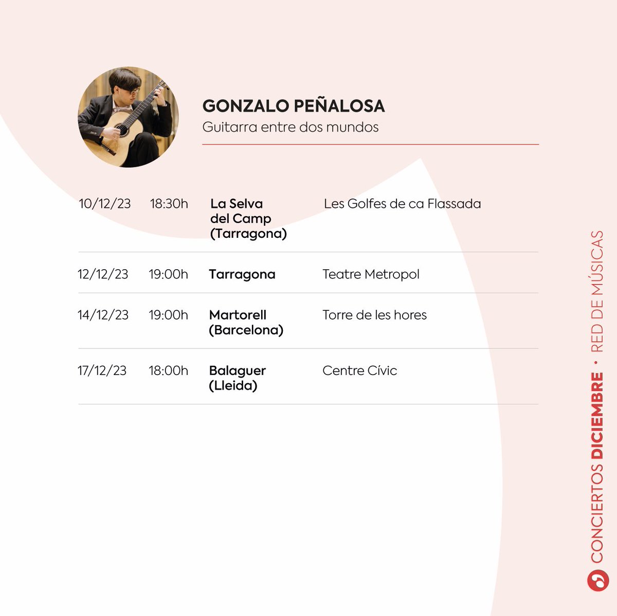 jmspain_'s tweet photo. Disponible la programación de #Diciembre de #RedDeMúsicas! ✨

Conciertos de Vestigium Ensemble, Aida Gimeno, Gonzalo Peñalosa, Joan Miquel Fiol, Synthèse Quartet 🎶

👨🏻‍💻👩🏼‍💻También podéis consultar la programación en nuestra web

#juventudesmusicales #jmspain https://t.co/YfDna2kL8G