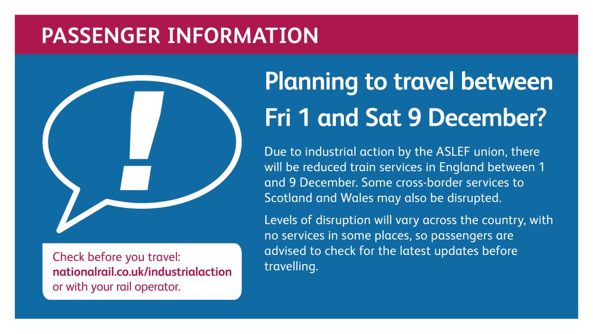 ⚠️ Friday 1 to Saturday 9 December 🟠 Due to industrial action by the ASLEF union, there will be reduced train services in England 📲 If you're travelling, please plan ahead & check before you travel 👉 nationalrail.co.uk/industrialacti… @nationalrailenq