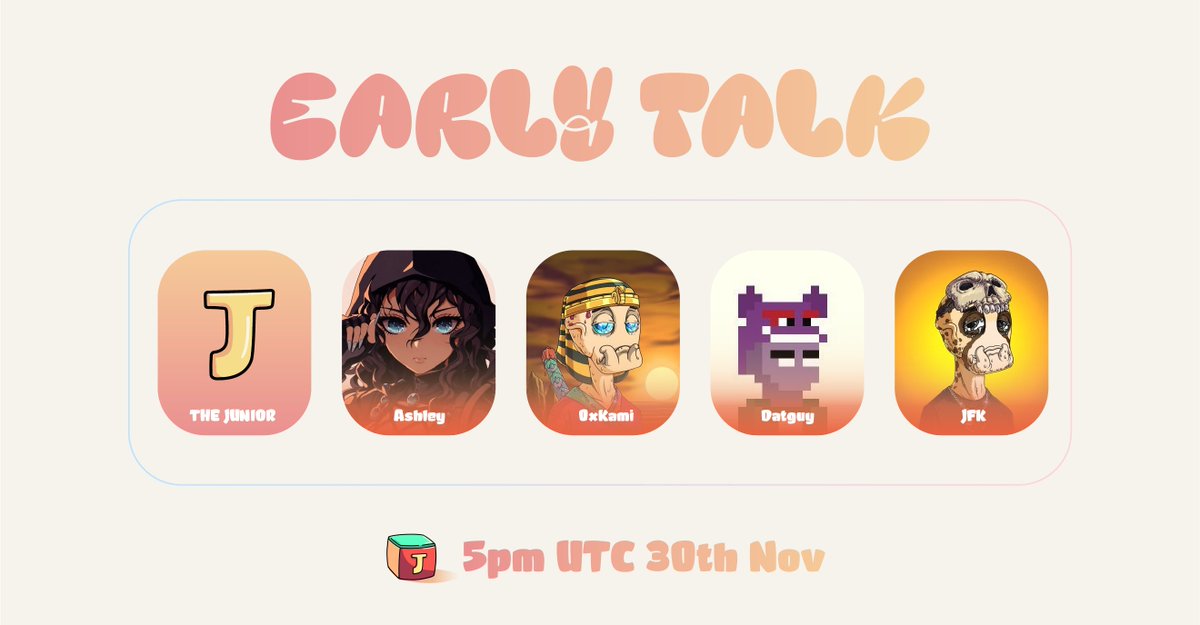 thejuniorcomm's tweet photo. 🧸 Early Talk - The JUNIOR INJECTIVE 🧸

💌 Guest Panel:
@iam_kennyg 
@_web3king 
@PierreFortune2 
@ifuru___   

⏲️ Time: 5pm UTC 30th Nov
🎁 2 Toybox FreeMint Role of THE JUNIOR for good questions in the Space.

Welcome to join our Space: 
https://t.co/U3vtJkaMzE https://t.co/mMd53FTBir
