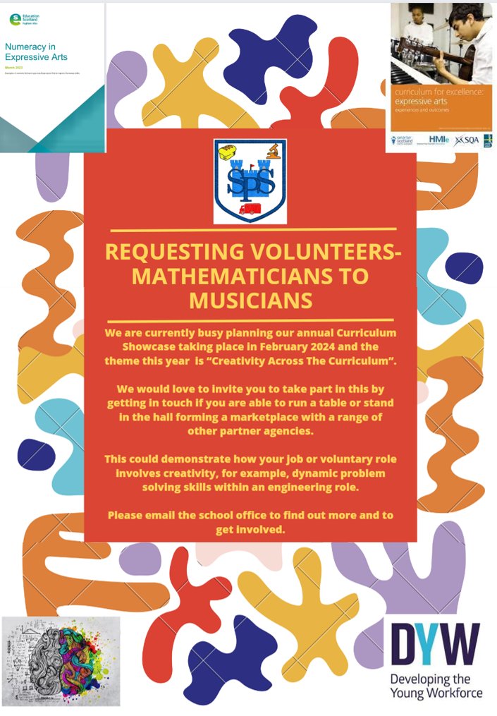 Please find attached a flyer requesting volunteers within the community to help with our curriculum showcase family learning event 'Creativity Across The Curriculum' taking place in February 2024. Please contact the school office for more information.