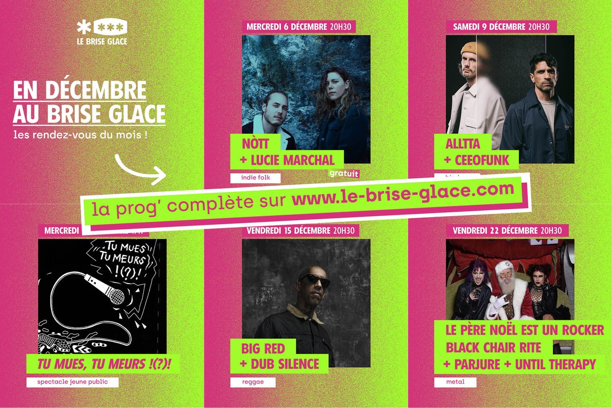 En décembre, on garde le cap avec une poignée de jolis rendez-vous pour finir l’année en beauté : <a href="/AllttaMusic/">AllttA</a>, Big Red, des concerts gratuits dans le Club et bien sûr le Père Noël est un rocker — qui est plutôt metalleux cette fois ☺︎
Infos &amp; résa sur le-brise-glace.com !