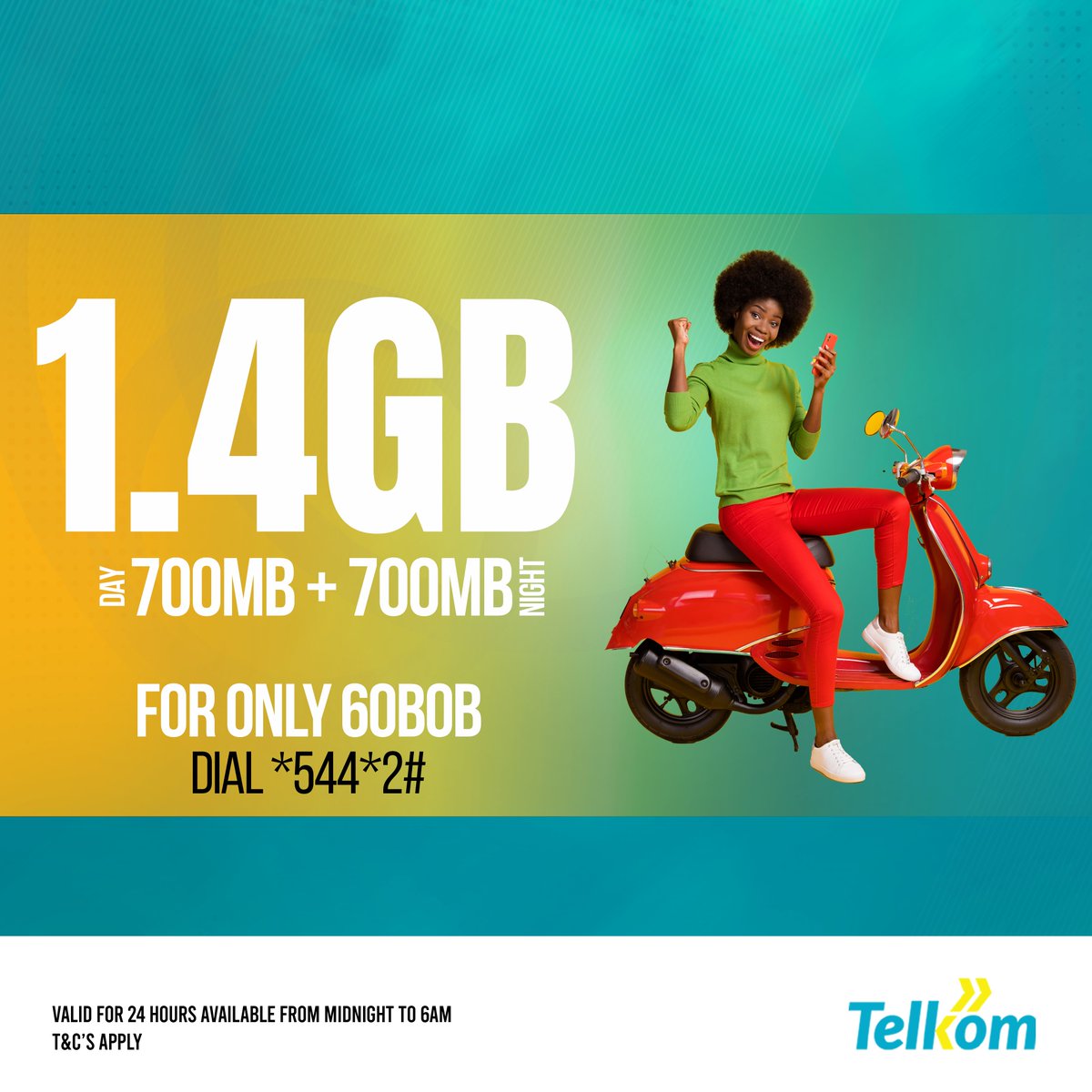 TelkomKenya's tweet photo. Stay connected all day and night long with #700MB+700MB bundles. Huwezi miss form tena. Get 700MB during the day and 700MB at night with FREE WhatsApp + 60minutes and all this for only 60bob. Simply dial *544*2# https://t.co/vJmpYmSd3R