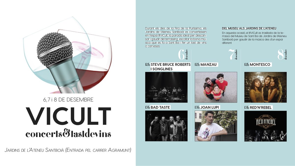 Com a novetat d’aquesta edició de la Fira  els Jardins de l’Ateneu seran l’espai #ViCult. 

Un pla perfecte on escoltar bona música que es fa a Sant Boi i fer un tast de vins o cerveses. 🍷🍻🎶🎤

📍Jardins de l'Ateneu (entrada pel carrer d'Agramunt)
