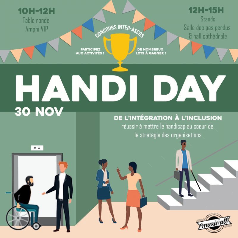 EDHEC_BSchool's tweet photo. L'#EDHEC et l’association Music’all vous donne rendez-vous ce jeudi 30 novembre pour la 9e édition du #HandiDay ! L'ojectif ? Réussir à mettre le handicap au cœur de la stratégie des organisations ➡️ https://t.co/C8QuLFbsca #MakeAnImpact https://t.co/vMvi4hadCA