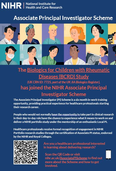 Both studies in the UK JIA Biologics Register (the BCRD Study UK CRN ID: 7725 and BSPAR Etanercept Study UK CRN ID: 13553) have joined the NIHR Associate Principal Investigator Scheme! We would love to support you in developing your research career.  nihr.ac.uk/health-and-car…