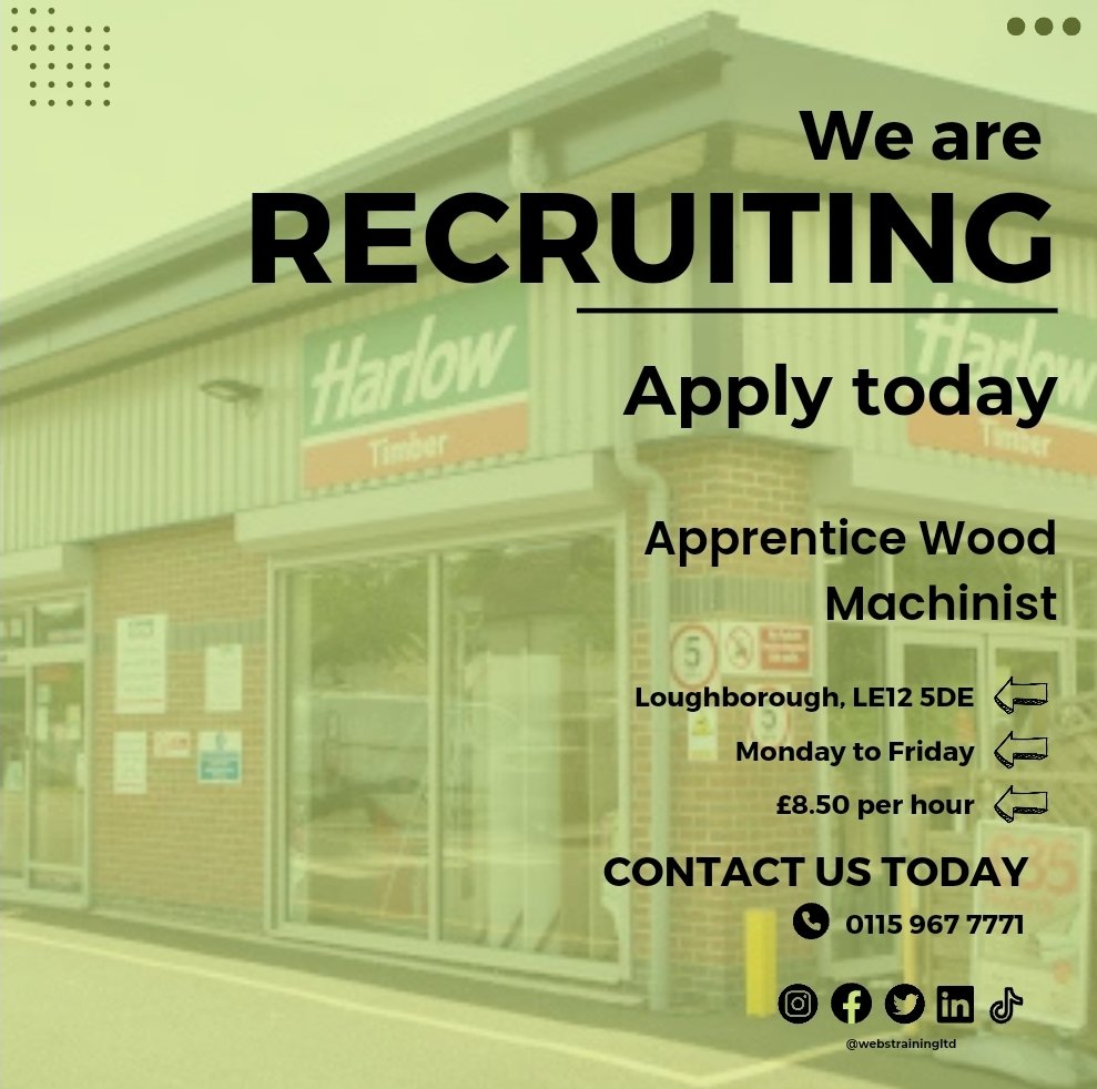 Harlow Timber Group  is currently hiring an apprentice wood machinist. Are you or anyone you know interested? Click the link below for more information and to apply today🤗

webstraining.com/126-apprentice…
#harlowtimbergroup #apprenticewoodmachinist #apprenticeship #training #newvacancy