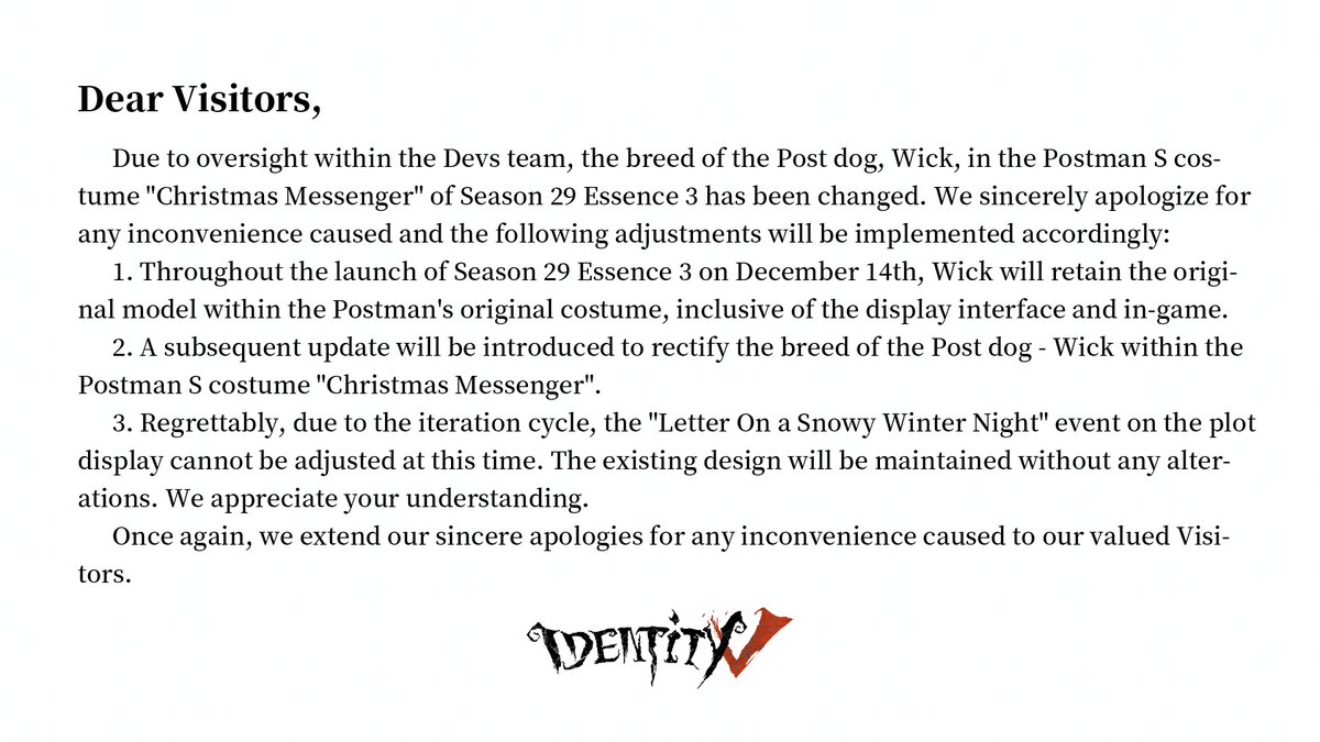 GameIdentityV's tweet photo. Dear Visitors,
Please check out the following Announcement.
Thank you for your understanding and apologize for any inconvenience. https://t.co/7kIfq8i3kB