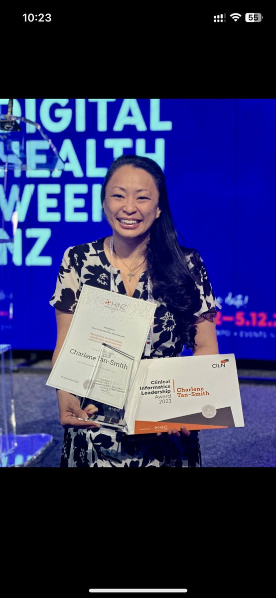 TamzinBrott's tweet photo. Totally stoked for this amazing wāhine toa Dr @CharlTanSmith who has had a massive year completing her DHSc &amp; today became a Fellow of @HINZ_NZ &amp; the 2023 Clinical Informatics Award recipient!  Congratulations Charlene 👏🏼👏🏼👏🏼. #hinz2023 #dhwnz23 #digitalahps #AlliedHealth #HiNZ https://t.co/UWoh6U6v0o